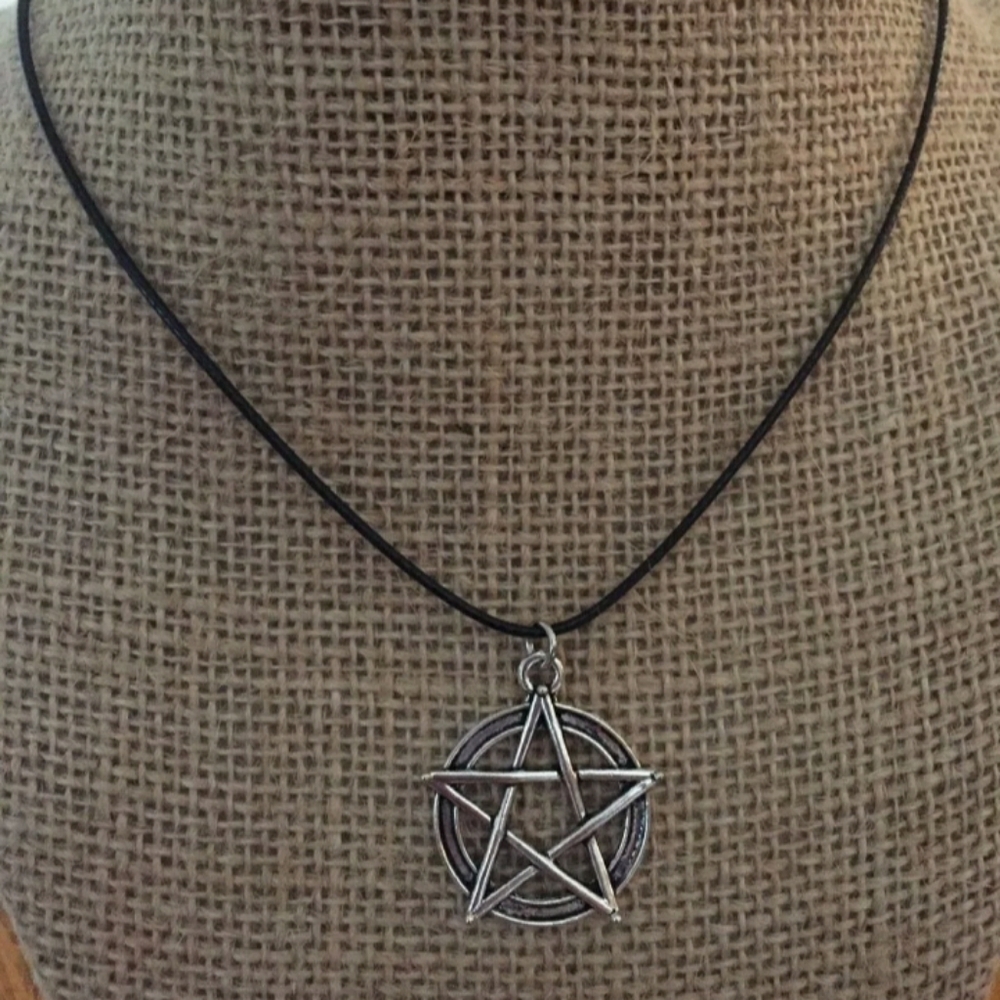 - Wicca pentagram necklace black cord & protection stones